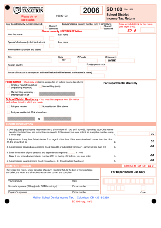 Fillable Form Sd 100 - School District Income Tax Return - Ohio Department Of Taxation Printable pdf