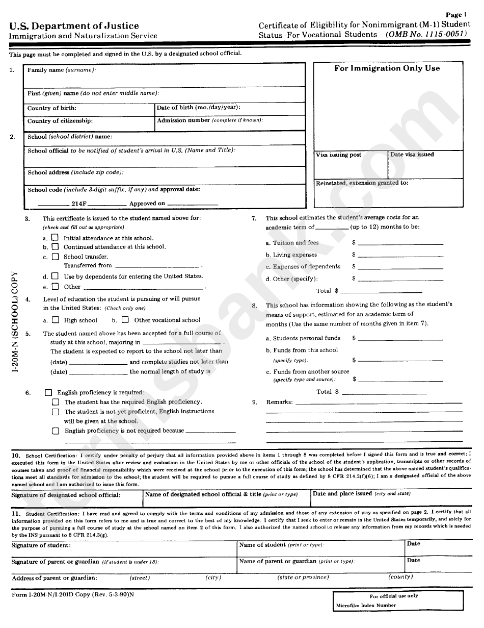 Form I-20m-N/i-201d - Certificate Of Eligibility For Nonimmigrant Student Status