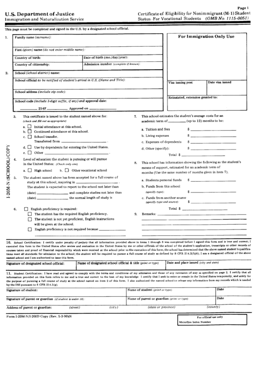 Form I-20m-N/i-201d - Certificate Of Eligibility For Nonimmigrant Student Status Printable pdf