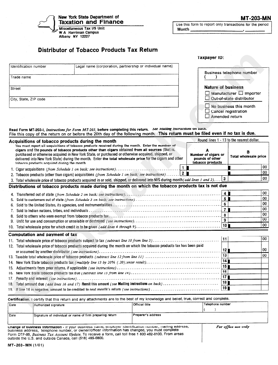 Form Mt-203-Mn - Distributor Of Tobacco Products Tax Return