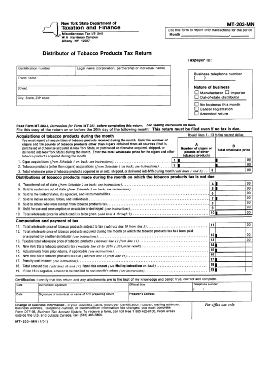 Form Mt-203-Mn - Distributor Of Tobacco Products Tax Return Printable pdf