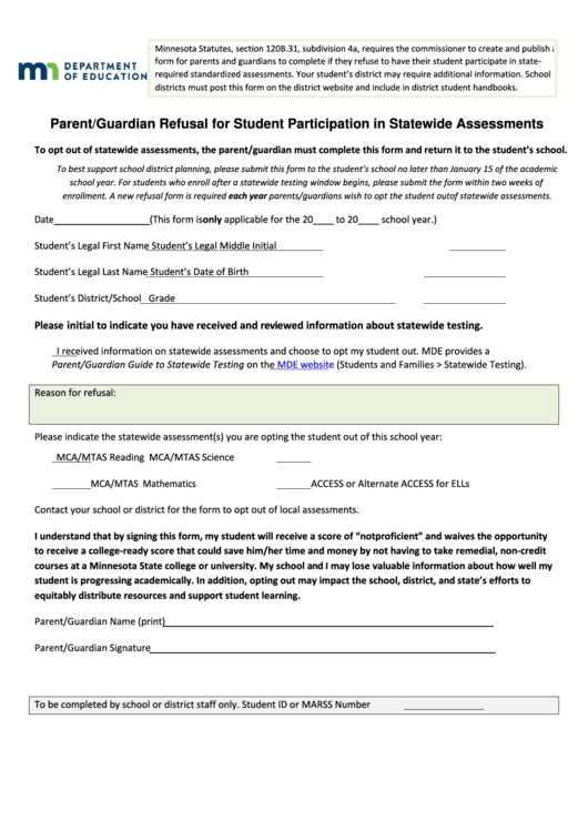 Parent/guardian Refusal For Student Participation In Statewide Assessments Printable pdf