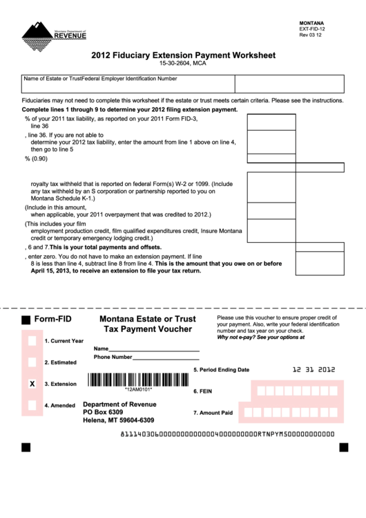 Montana Form Ext-Fid-12- Fiduciary Extension Payment Worksheet - 2012 Printable pdf