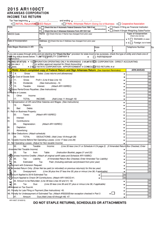 Form Ar1100ct - Arkansas Corporation Income Tax Return - 2015 Printable pdf