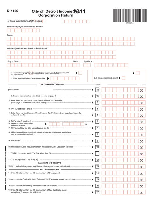 Form D-1120 - Income Tax Corporation Return - City Of Detroit - 2011 Printable pdf