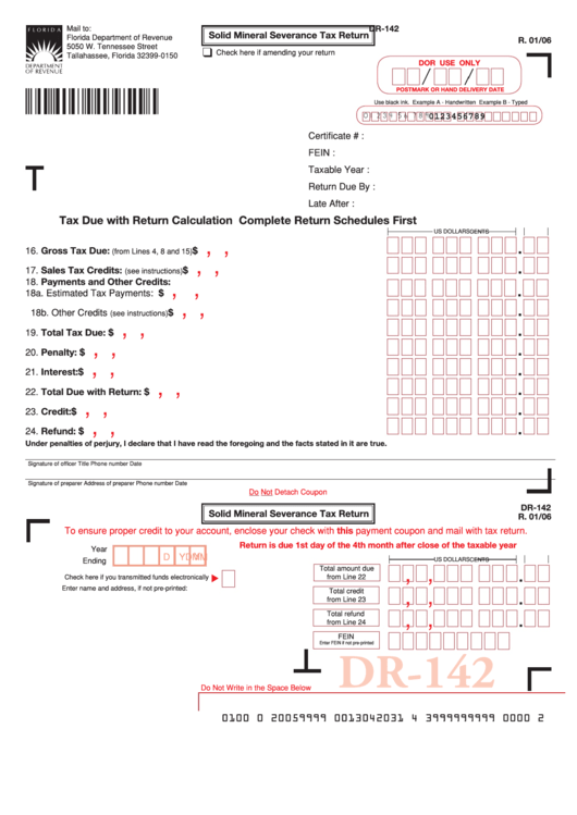 Form Dr-142 - Solid Mineral Severance Tax Return - Florida Department Of Revenue Printable pdf