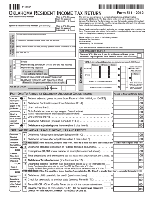 Fillable Form 511 - Oklahoma Resident Income Tax Return - 2012 Printable pdf