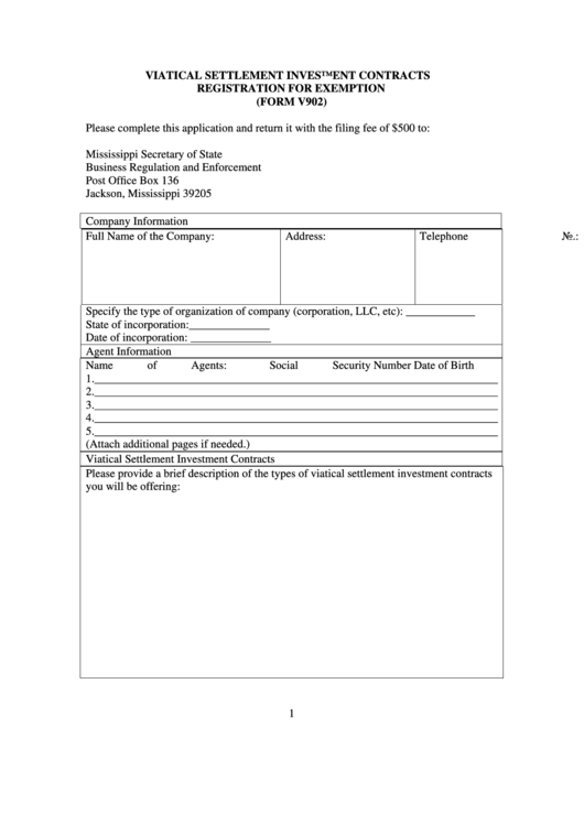 Form V902 - Viatical Settlement Investment Contracts Registration For Exemption Printable pdf
