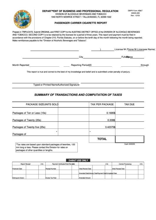 Dbpr Form Ab&t 4000a-220 - Passenger Carrier Cigarette Report Printable pdf