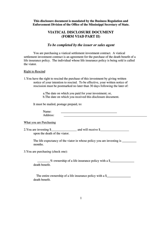Form Viad - Viatical Disclosure Document Printable pdf