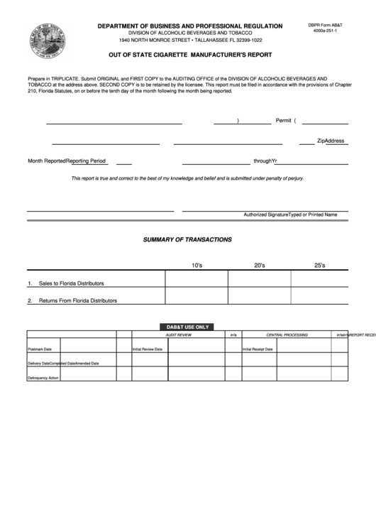 Dbpr Form Ab&t 4000a-251-1 - Out Of State Cigarette Manufacturer