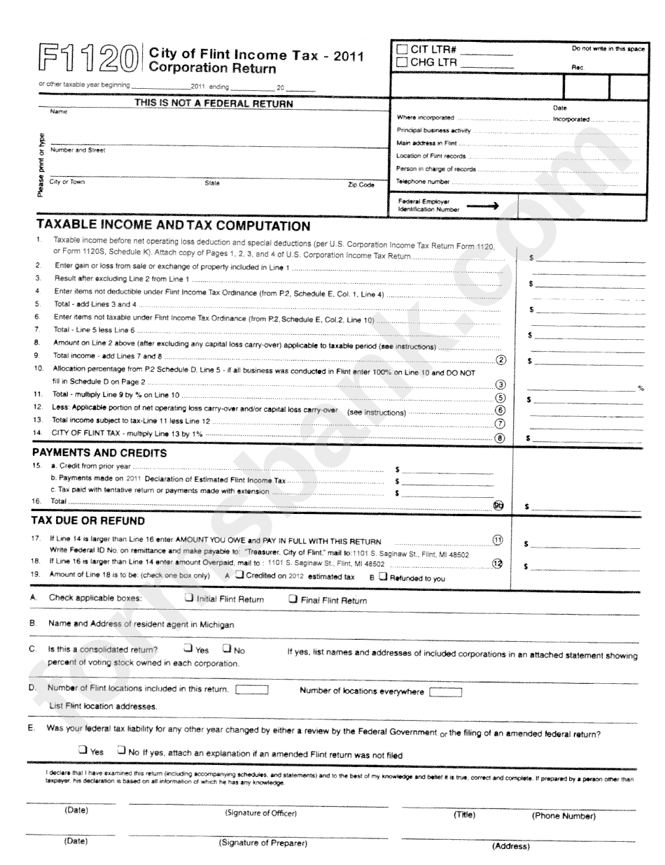 Form F1120 - City Of Flint Income Tax Corporation Return - 2011