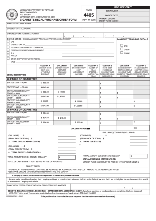 Fillable Form 4405 - Cigarette Decal Purchase Order Form - Missouri Department Of Revenue - 2009 Printable pdf