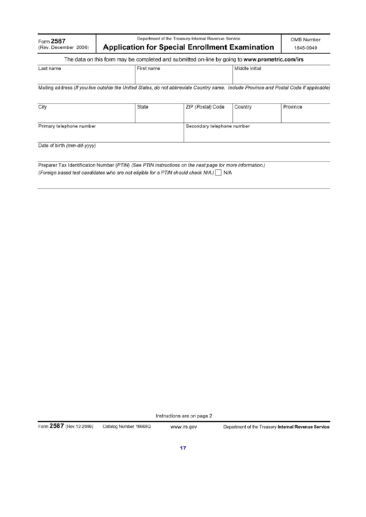 Form 2587 - Application For Special Enrollment Examination - Internal Revenue Service Printable pdf