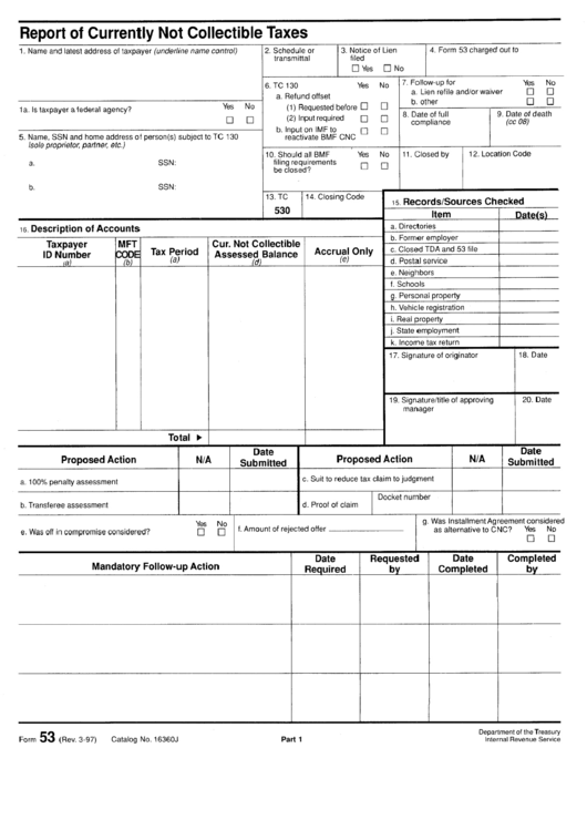 Form 53 - Report Of Currently Not Collectible Taxes - Internal Revenue Services Printable pdf