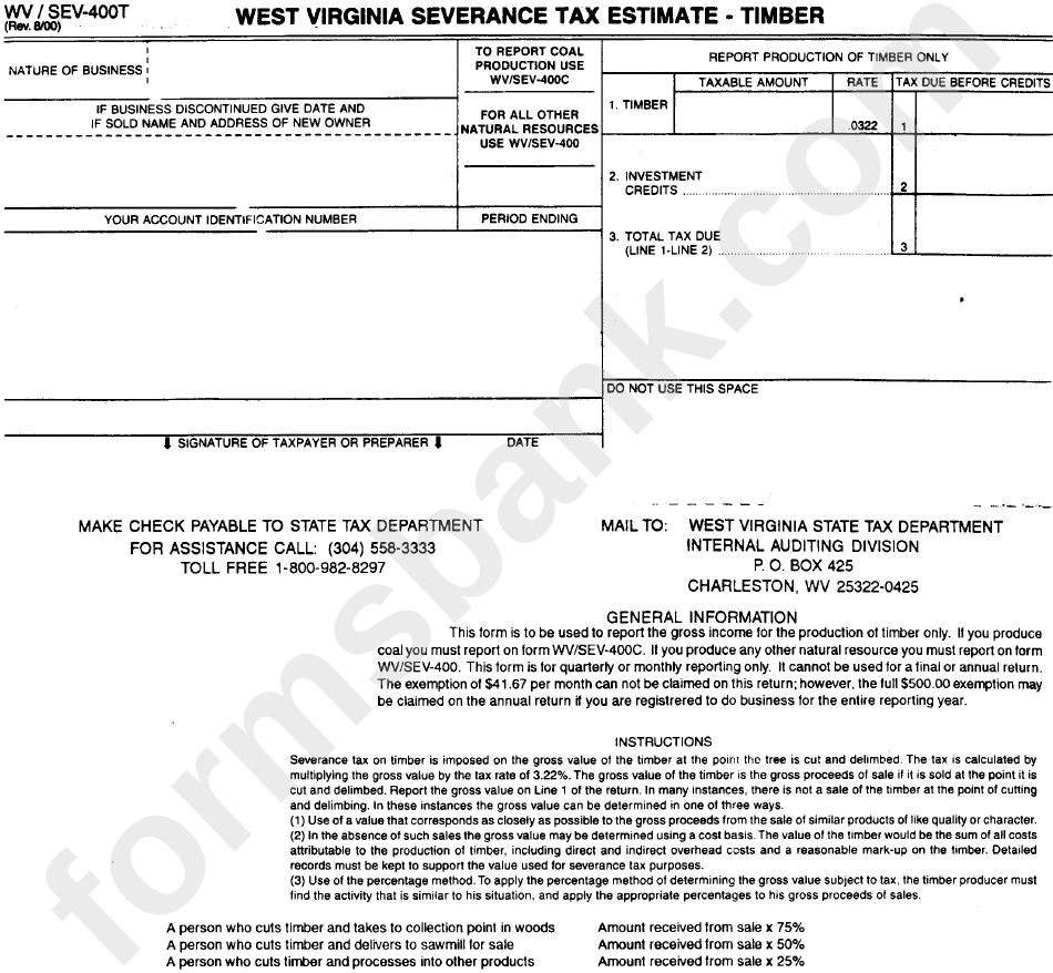 Form Wv/sev-400t - West Virginia Severance Tax Estimate - Timber