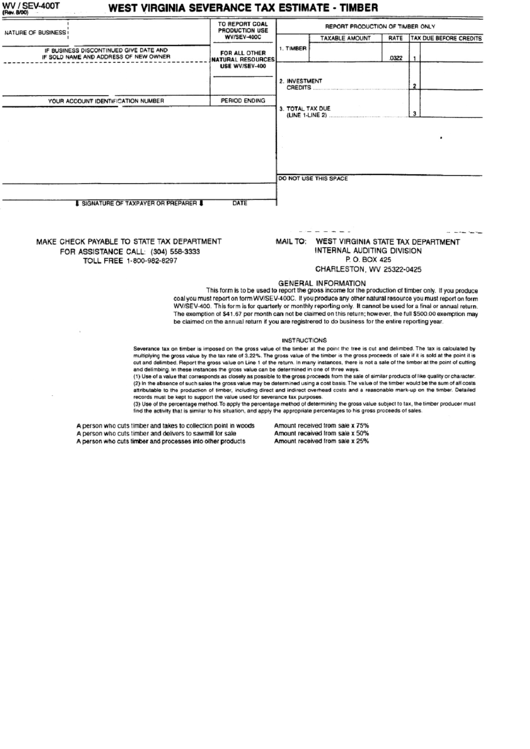 Form Wv/sev-400t - West Virginia Severance Tax Estimate - Timber Printable pdf