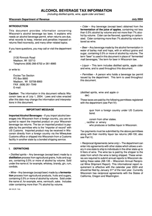 Alcohol Beverage Tax Information - 2004 Printable pdf