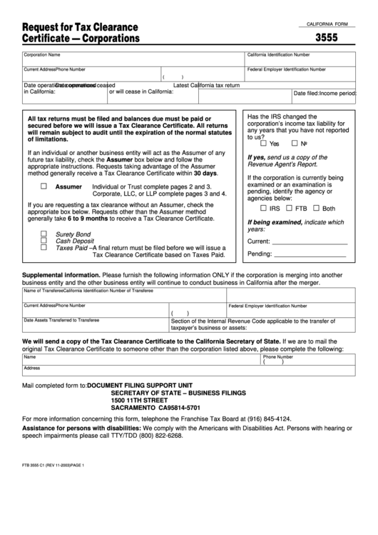 California Form 3555 - Request For Tax Clearance Certificate - Corporations - 2003 Printable pdf
