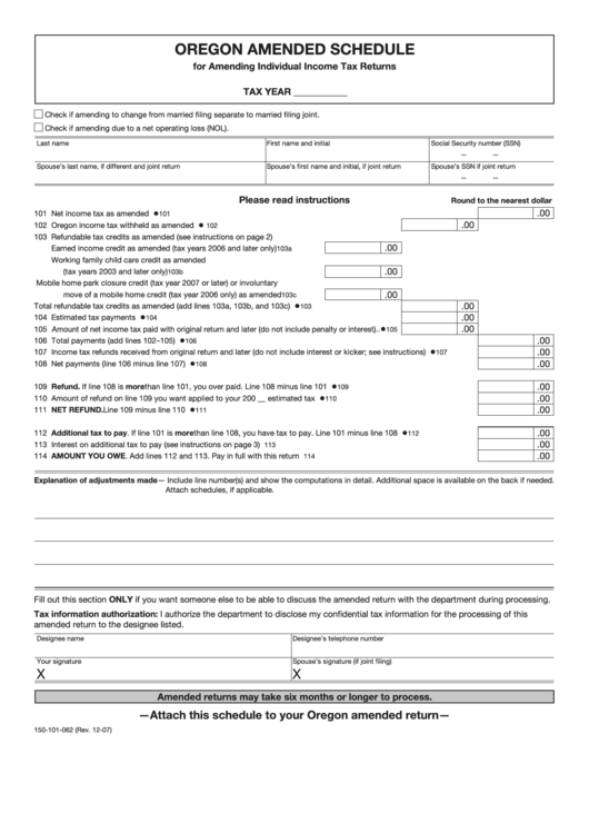 Form 150-101-062 - Oregon Amended Schedule For Amending Individual Income Tax Returns Printable pdf