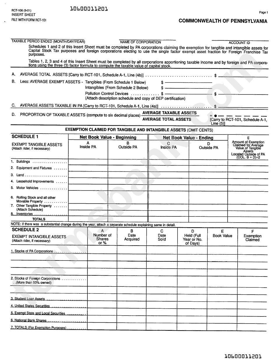 Form Rct-106 - Insert Sheet - Tables Supporting Determination Of Apportionment Percentage