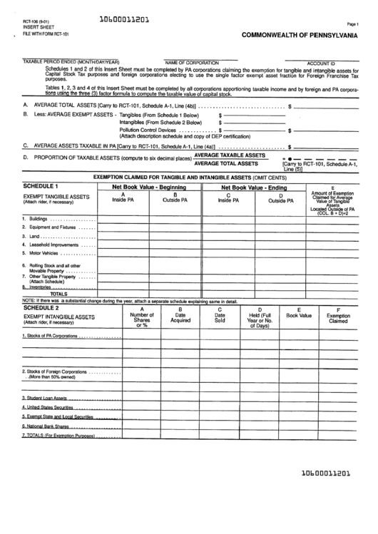 Form Rct-106 - Insert Sheet - Tables Supporting Determination Of Apportionment Percentage Printable pdf