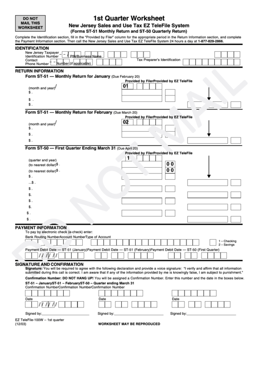Form St-50/st-51 - 1st Quarter Worksheet - New Jersey Sales And Use Tax Ez Telefile System Printable pdf