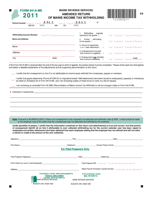 Form 941a-Me - Amended Return Of Maine Income Tax Withholding - 2011 Printable pdf