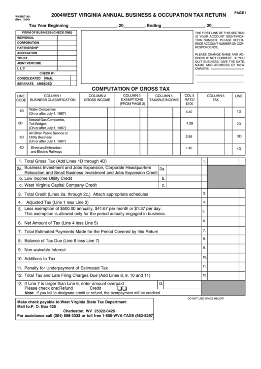 Form Wv/bot-301 - West Virginia Annual Business & Occupation Tax Return - 2004 Printable pdf