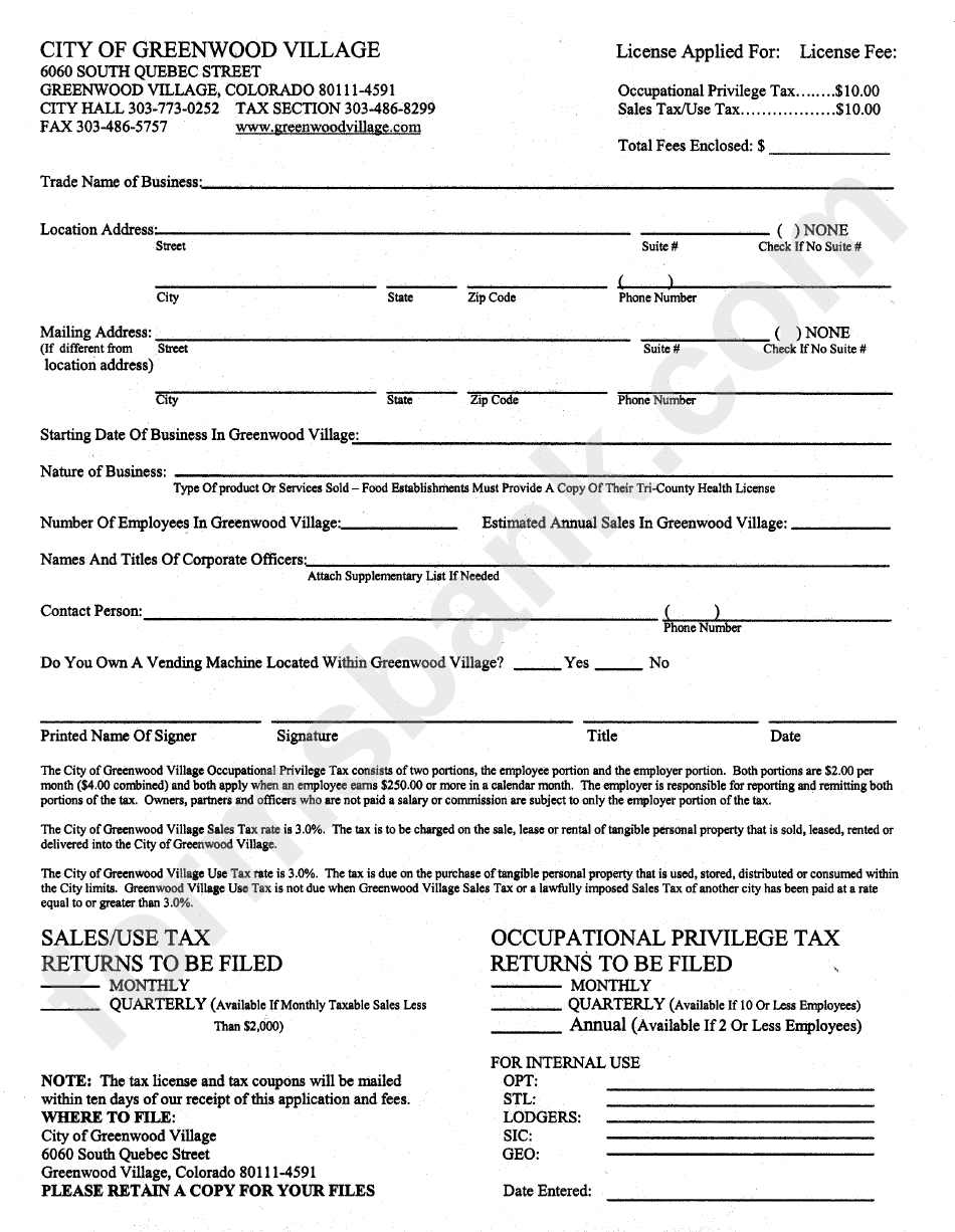 Business License Application - City Of Greenwood Village