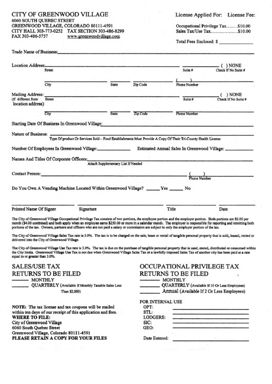 Business License Application - City Of Greenwood Village Printable pdf