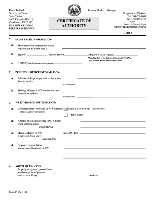 Fillable Form Cf-1 - Certificate Of Authority - West Virginia Secretary Of State Printable pdf