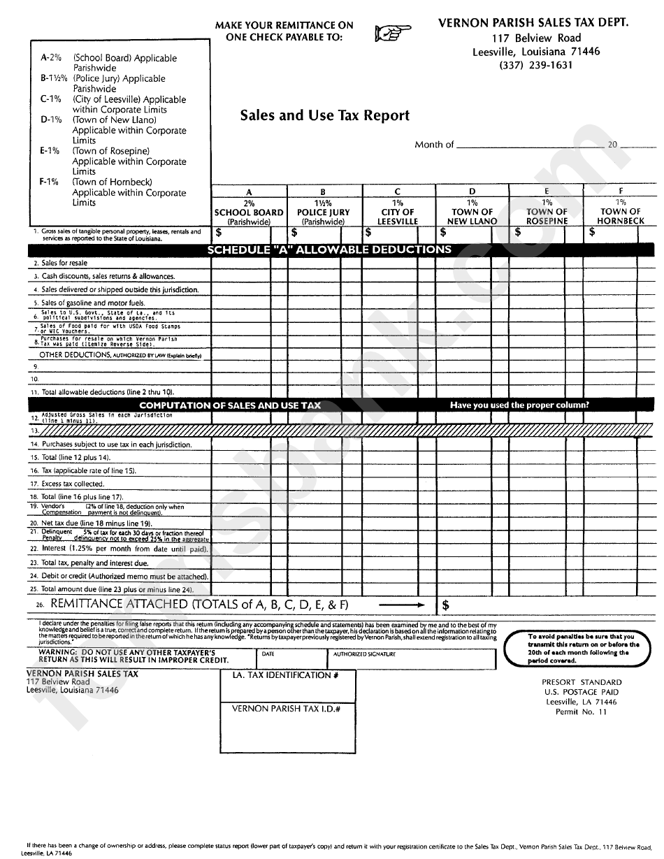 Sales And Use Tax Report - Vernon Parish Sales Tax Department