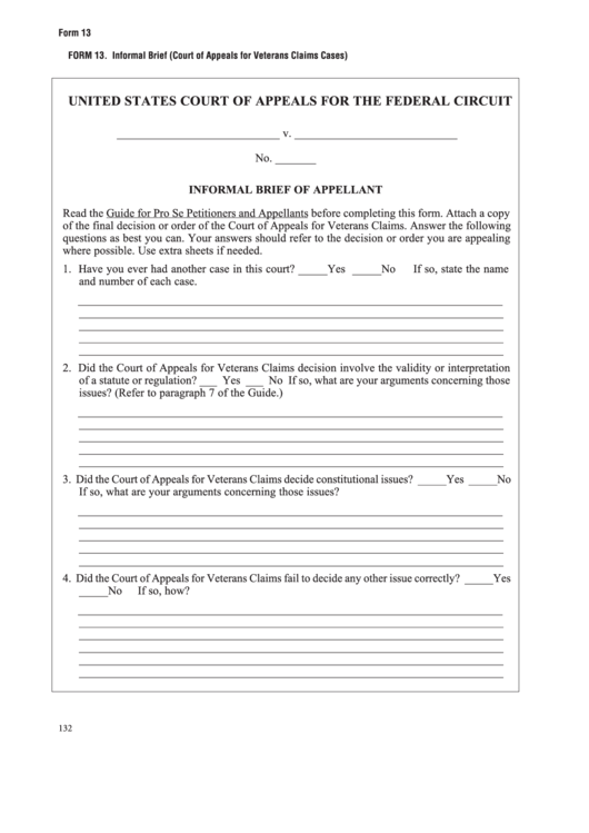 Fillable Form 13 - Informal Brief (Court Of Appeals For Veterans Claims Cases) Printable pdf