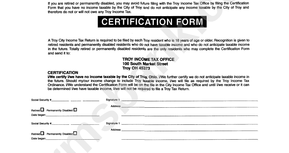 Certification Form - City F Troy, Ohio Income Tax Office