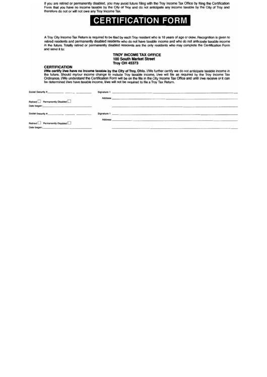 Fillable Certification Form - City F Troy, Ohio Income Tax Office Printable pdf