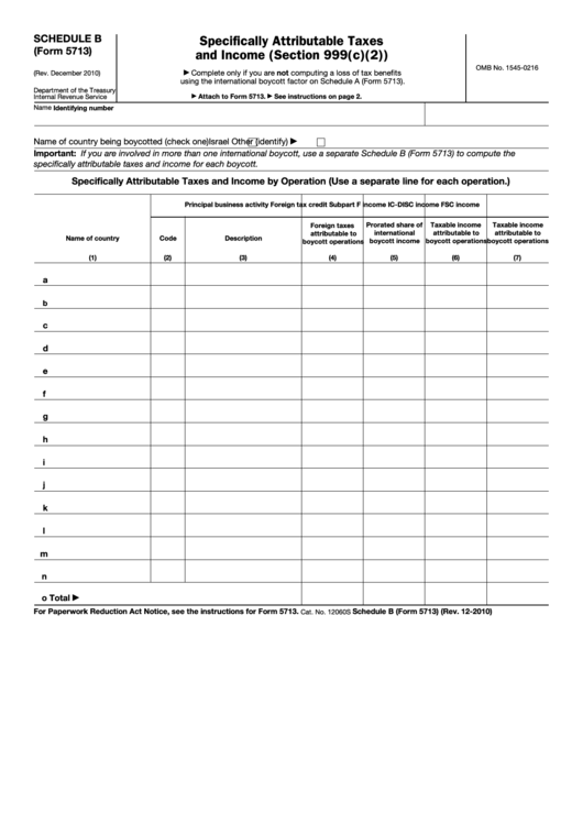 Fillable Schedule B (Form 5713) - Specifically Attributable Taxes And Income (Section 999(C)(2)) - Internal Revenue Service Printable pdf