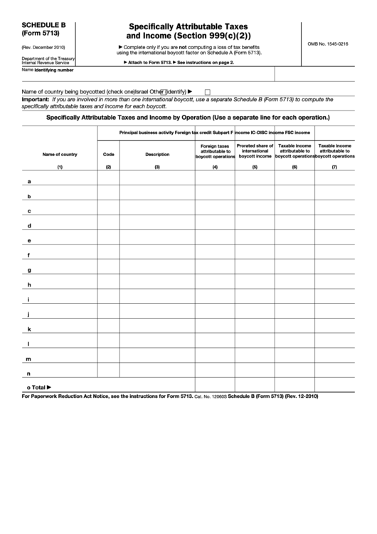 Fillable Schedule B Form 5713 Specifically Attributable Taxes And Income Section 999 C 2