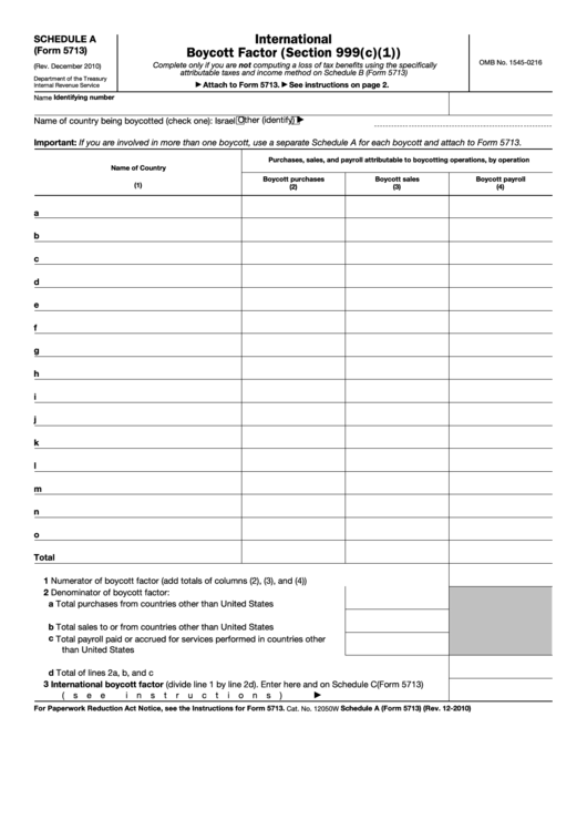 Fillable Schedule A (Form 5713) - International Boycott Factor (Section 999(C)(1)) - Internal Revenue Service Printable pdf