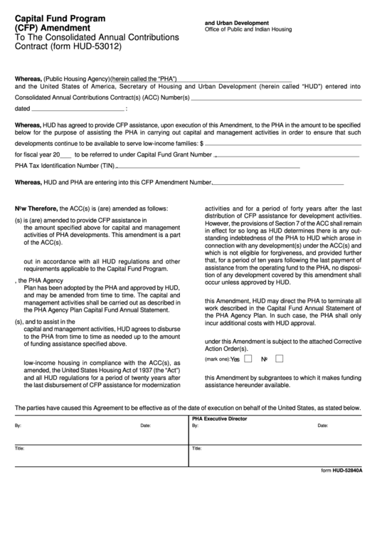 Fillable Form Hud-52840a - Capital Fund Program (Cfp) Amendment To The Consolidated Annual Contributions Contract (Form Hud-53012) Printable pdf