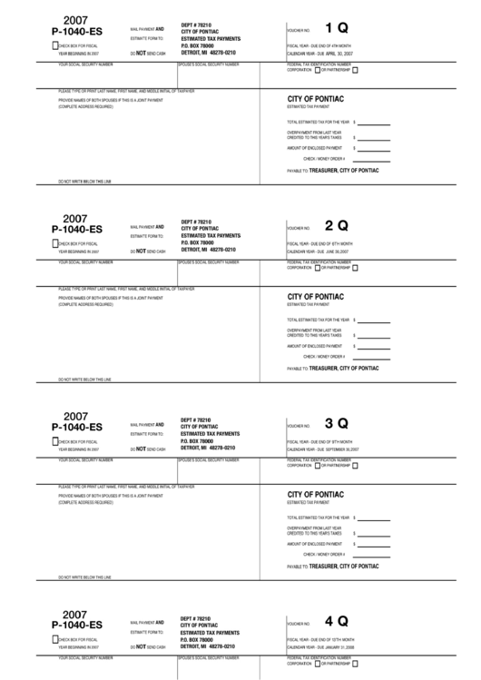 Form P-1040-Es - City Of Pontiac Estimated Tax Payments - 2007 Printable pdf