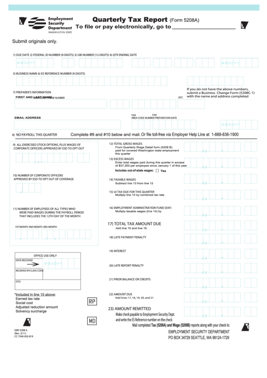 Form 5208 - Quarterly Tax Report - Washington Employment Security Department Printable pdf