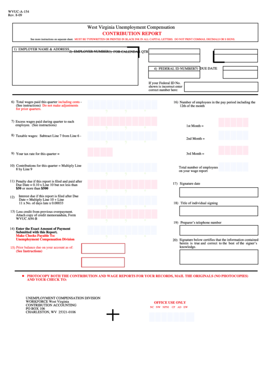 Form Wvuc-A-154 - Contribution Report - West Virginia Unemployment Compensation Division Printable pdf