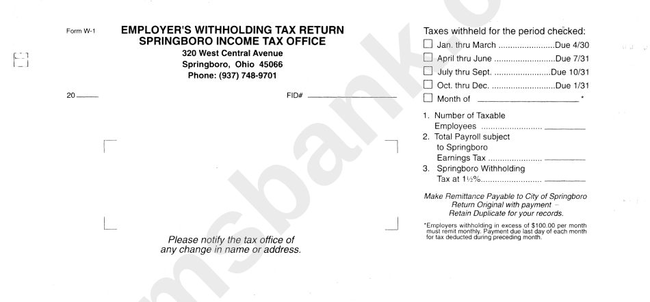 Form W-1 - Employer'S Withholding Tax Return - Springboro, Ohio Income ...