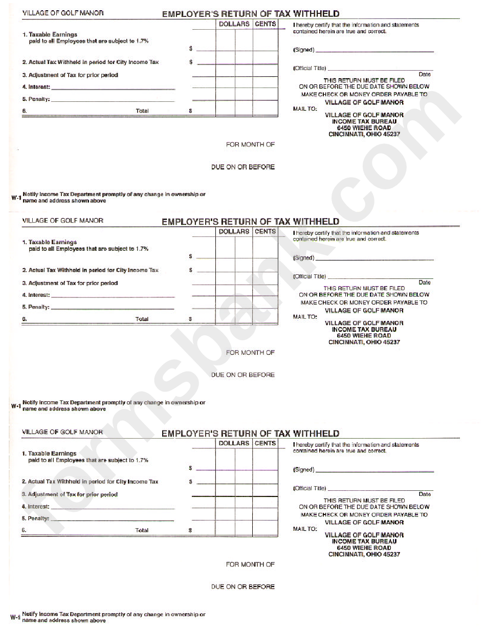 Form W1 Employer'S Return Of Tax Withheld Village Of Golf Manor