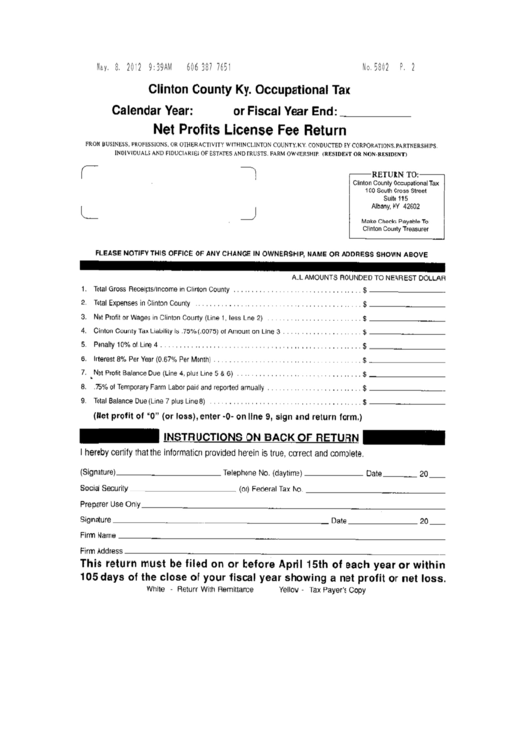 Net Profits License Fee Return - Clinton County, Kentucky Occupational Tax Printable pdf