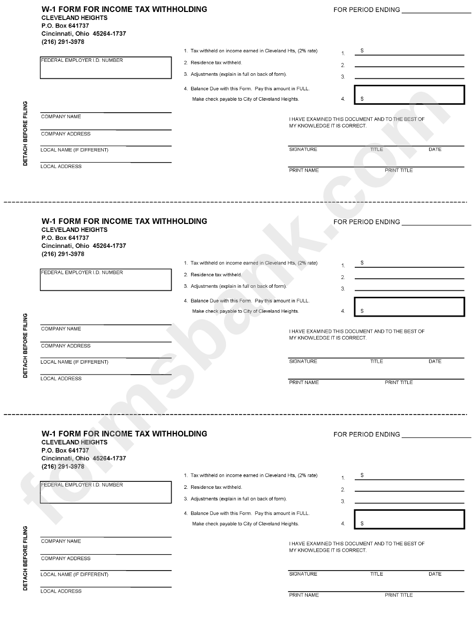 Form W-1 - For Income Tax Withholding - City Of Cleveland Heights, Ohio