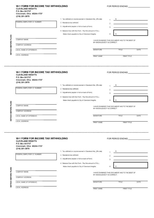 Form W-1 - For Income Tax Withholding - City Of Cleveland Heights, Ohio Printable pdf