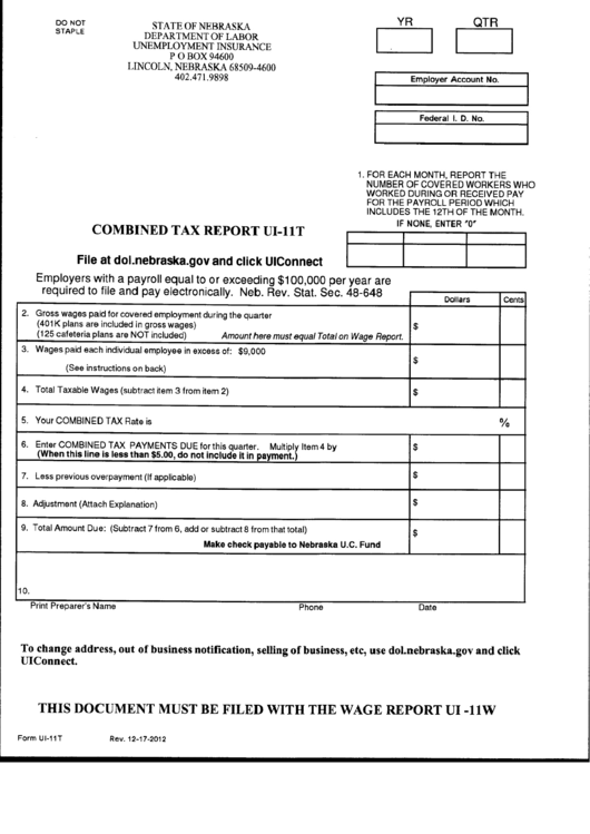 Form Ui-11t - Combined Tax Report - Nebraska Department Of Labor Printable pdf