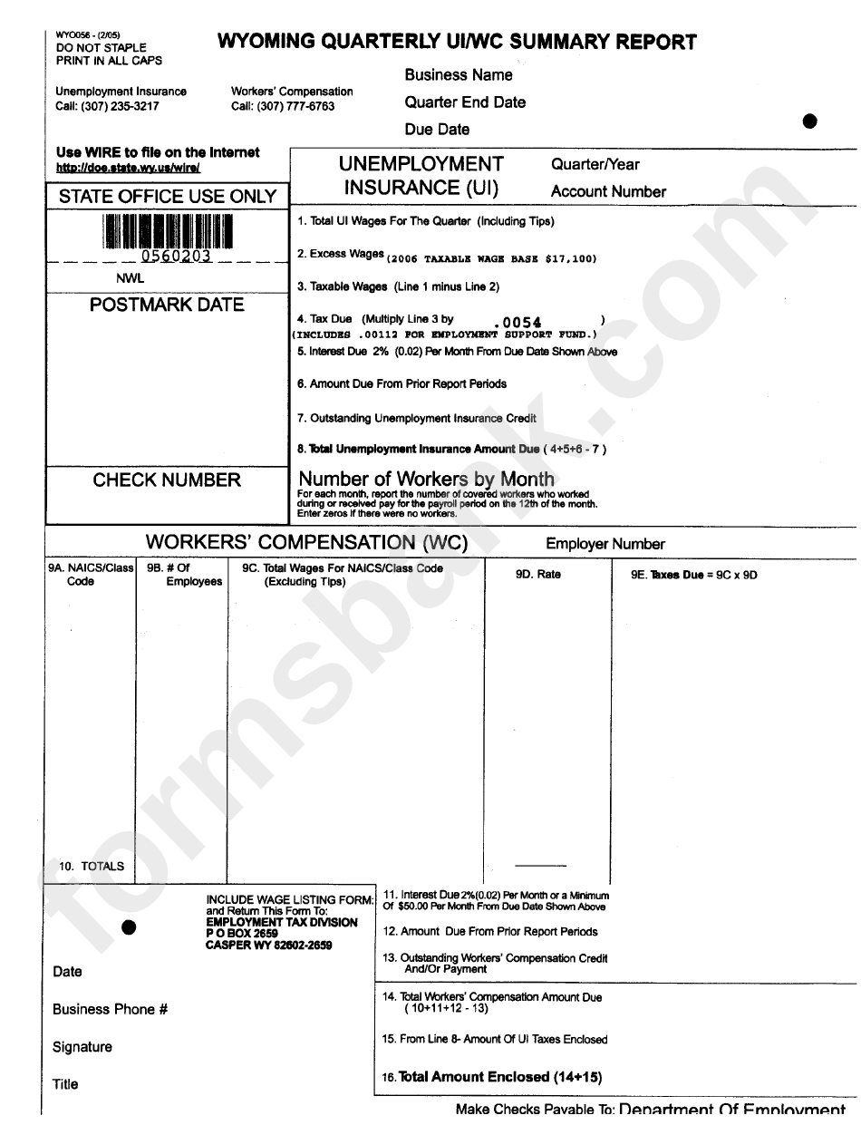 Form Wyo056 - Wyoming Quarterly Ui/wc Summary Report - Department Of Employment